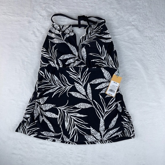 Kona Sol Tankini Top‎ Women's Small Black Palm Print High Neck Keyhole Ruched - Picture 1 of 4